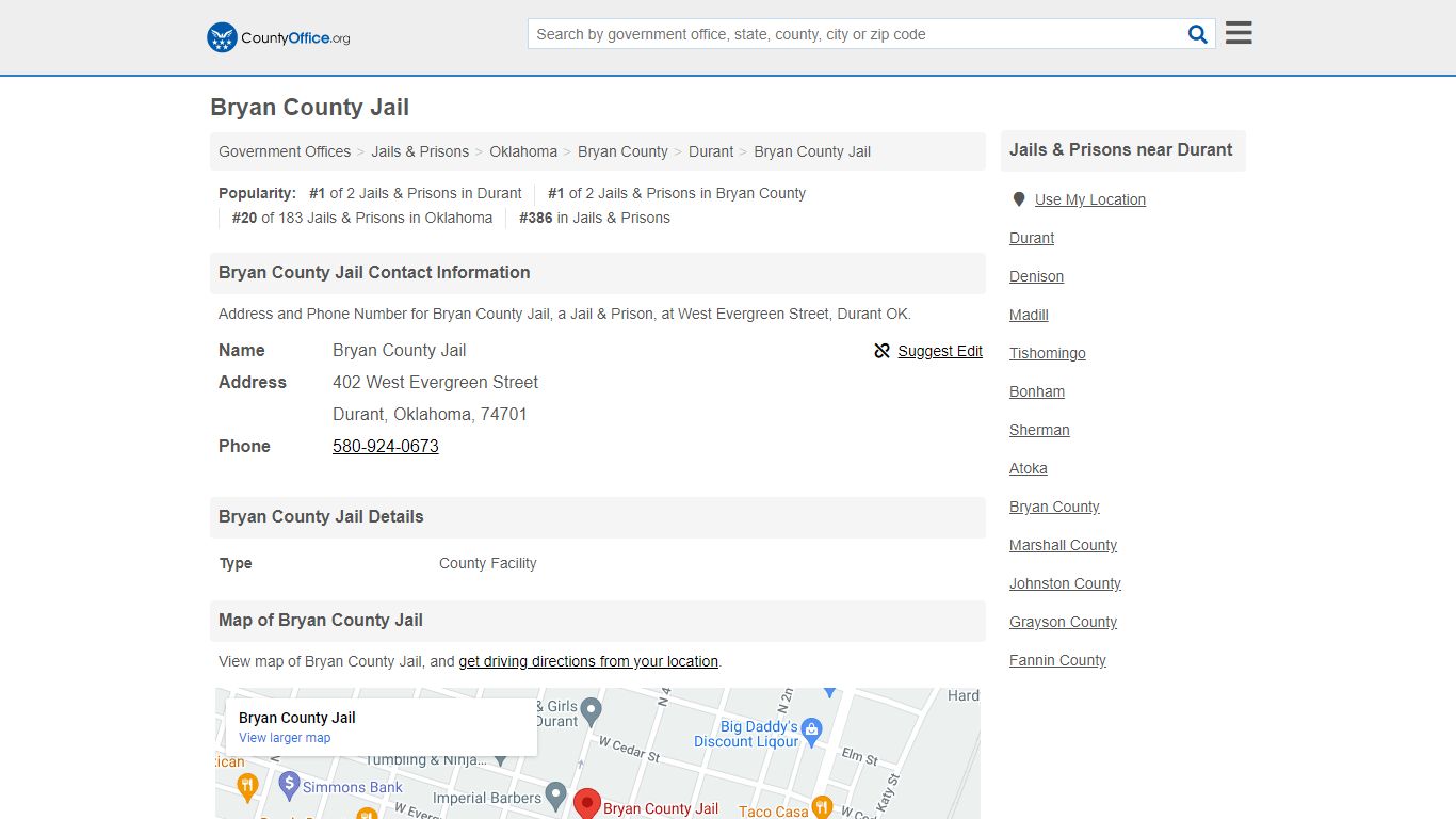 Bryan County Jail - Durant, OK (Address and Phone)